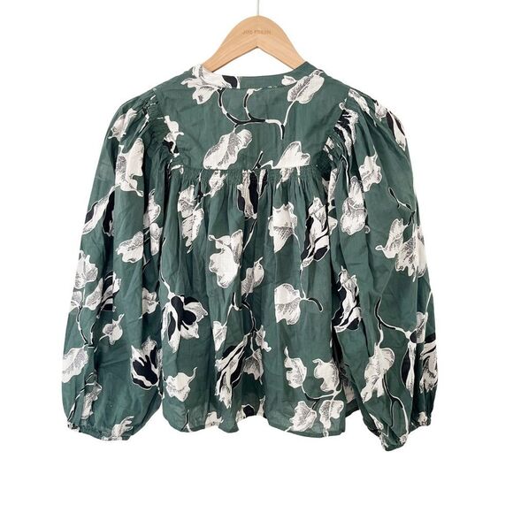 THE GREAT. Green Tale Floral Vintage Inspired Smocked Blouse - Picture 5 of 11